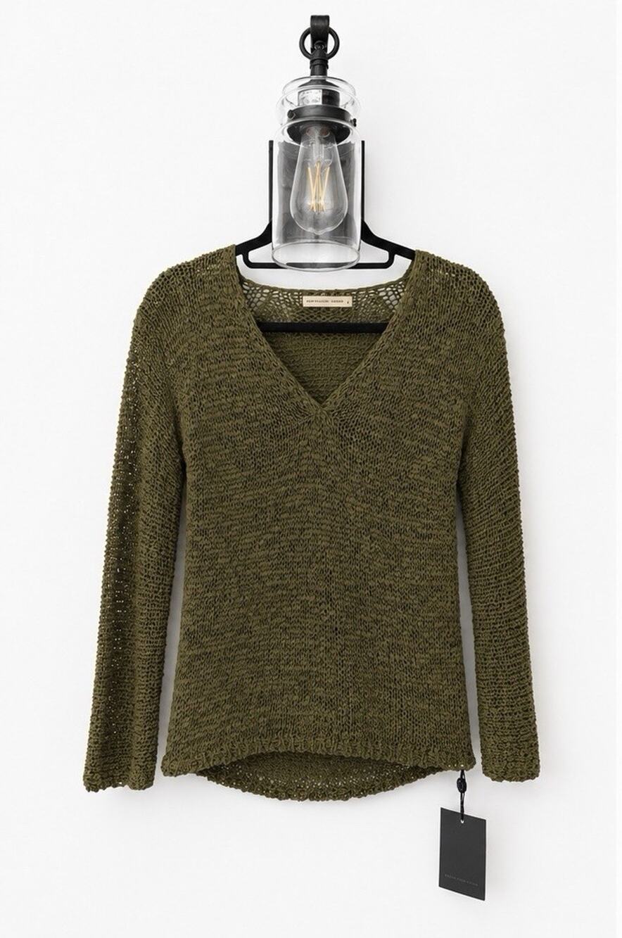Purificacion Garcia Open Knit Sweater S Olive Green V Neck Mesh Top Coastal Boho